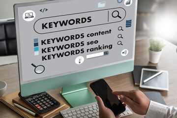 businessmanman search website for content keywords on laptop browse in office optimize seo engine