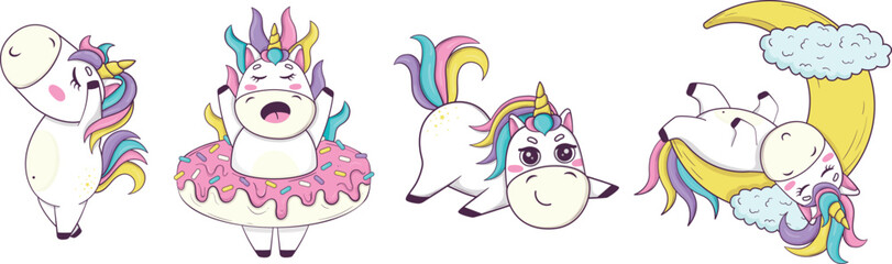 Set of funny kawaii unicorns in anime style for kids product design
