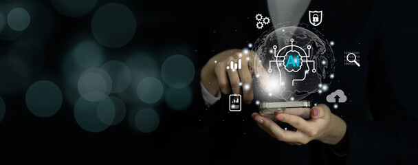 businesswoman using ai technology on mobile phone. digital transformation change management, interne