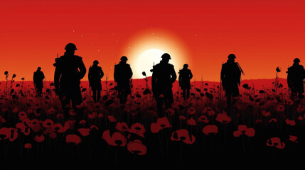 Remembrance Day. Silhouettes of soldiers at poppy field created with generative AI technology