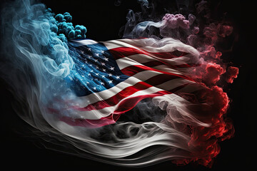 Wall Mural - AI generated american flag form smoke on black background at USA independence day