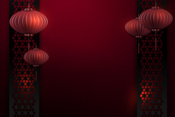 Wall Mural - Red illustration with round frame, air lanterns in paper art style