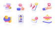 3d Social Media icon set. Trendy illustrations of online communication, digital marketing symbols. Like button, speech bubble, notification bell, hashtag, etc. Render 3d vector objects