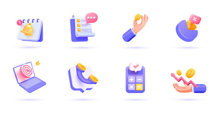 Wall Mural - 3d business icon set. trendy illustrations of reminder, clipboard, seo, investment, cash receipt, ne