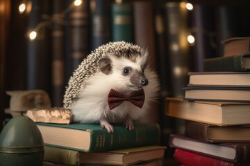 Poster - Charming hedgehog wearing a tiny bow tie, surrounded by books in a cozy library. Generative AI