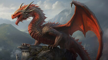 Fierce Red Dragon On His Mountain, Ai Generated