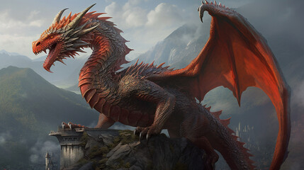 Wall Mural - fierce red dragon on his mountain, ai generated