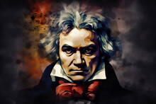 Ludwig Van Beethoven Watercolour Painting Of The Famous German Classical Music Pianist And Musical Opera Composer, Computer Generative AI Stock Illustration