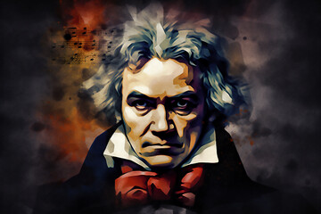 Ludwig van Beethoven watercolour painting of the famous German classical music pianist and musical opera composer, computer Generative AI stock illustration