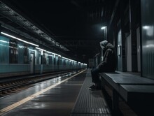 A Person Sitting On A Bench At A Train Station. AI Generative Image.