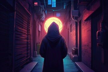 Wall Mural - Dark alleyway with a lone figure wearing a hooded cloak. Generative AI