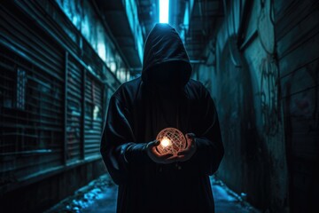 Canvas Print - Dark alleyway with a lone figure wearing a hooded cloak, holding a glowing orb. Generative AI