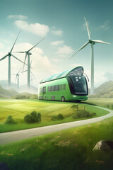 Wall Mural - sustainable energy background with green energy with wind turbines and eco-friendly electric transport. generative ai