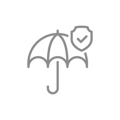 Canvas Print - Umbrella, shield and checkmark line vector icon. Insurance, protected and secured symbol.