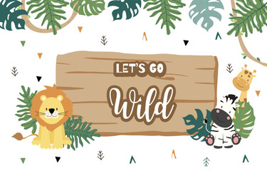 Wall Mural - Wood frame collection of safari background set.Editable vector illustration for birthday invitation,postcard and sticker