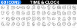 Fototapeta  - Time icon. Clock icon. 60 icon set Time & Clock. Simple Set of Time Related Vector Line Icons. Time clocks thin line icons. Time Inspection, Log, Calendar and more. Vector illustration