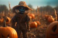 A Ghostly Scarecrow On The Field In The Evening. Spooky Concept.Generative Ai