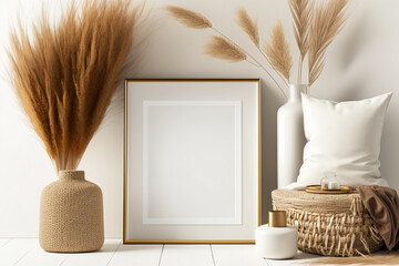 Wall Mural - Picture frame mockup with vase and dry plants on beige wall. Generative ai