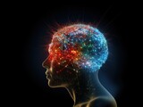 Fototapeta Przestrzenne - Human head with glowing neurons in the brain. nature, space, colors, particles, electrons, brain neurons, signals, the universe is a human head Connection with space worlds. Creates with Generative AI