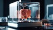 3d printer creates a piece of meat, concept of 3D Printing and Synthetic Meat. Generative ai
