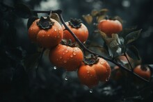 Fruit-bearing Tree With Orange-red Persimmons. Generative AI