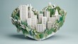 Office and buildings city with heart shape and plants. Generative AI