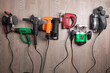 Set of electric tools on the wooden table. Various power tools for renovation and construction