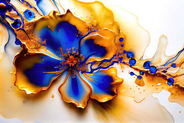 Aufkleber - Blue and orange abstract ink floral painting with flower on white background, watercolor, ai generation