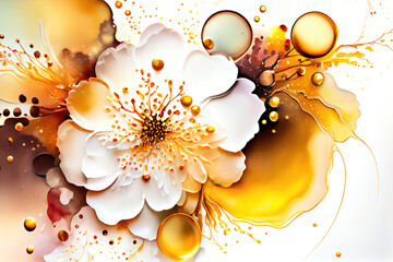 Aufkleber - abstract ink floral background with white flowers and yellow splashes, watercolor, ai generation