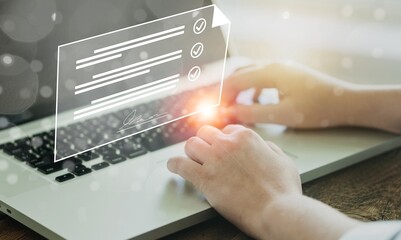 Poster - Business man works on laptop computer