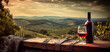 Glass of wine, winery concept background in garden vineyards soft focus. Generative AI,