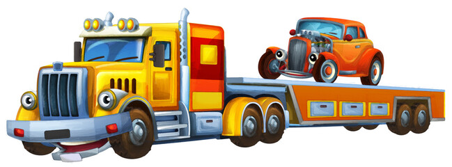 Wall Mural - cartoon tow truck driving with load other car illustration artistic painting scene