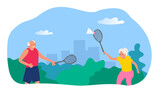 Fototapeta Sport - senior couple man and woman  playing badminton in the park vector illustration