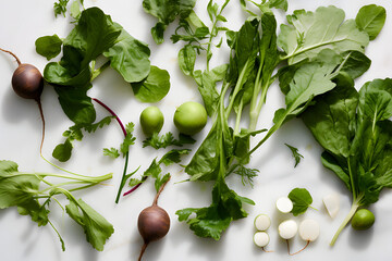 Fresh turnip greens on a white background