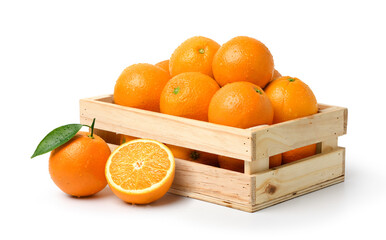 Wall Mural - fresh oranges with water droplets in wooden crate isolated on white background. clipping path.