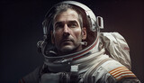 Fototapeta Kosmos - Portrait Shot of the Courageuos Astronaut Wearing Helmet in Space, Looking around in Wonder. Space Travel, Exploration and Solar System Colonization Concept