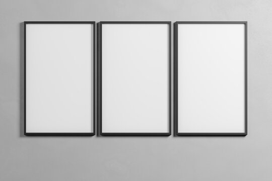 Wall Mural -  - Frame Set of 3 Mockup Thin Frames Gallery on grey Wall. set of three frame. Layout with 3 black frame. Clean, modern, minimalistic, bright. Portrait. Vertical. 3d illustration