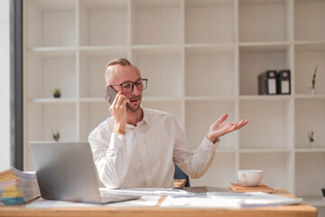 Wall Mural - Businessman using laptop computer in office. Happy middle aged man, entrepreneur, small business owner working online.