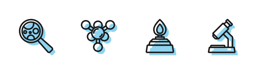 Sticker - Set line Alcohol or spirit burner, Microorganisms under magnifier, Molecule and Microscope icon. Vector