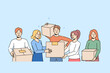 © Dzianis Vasilyeu - Smiling people with cardboard boxes moving together. Happy men and women with packages engaged in relocation to new home. Vector illustration.