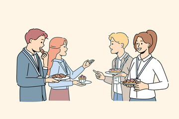 Wall Mural - Smiling employees talk during coffee break at conference. Happy diverse businesspeople networking at lunch break at work seminar. Vector illustration. 