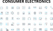 Consumer electronics linear icons set. Smartph, Tablet, Laptop, Smartwatch, Headphs, Speaker, Monitor vector symbols and line concept signs. Router,Printer,Camera illustration