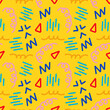 © VitaZukaArt - 90s seamless pattern squiggle kid, 90s print colorful doodles, Abstract bright background, Vibrant scribbles endless backdrop, Multicolored lines and shapes repeat pattern