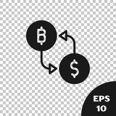 Poster - Black Cryptocurrency exchange icon isolated on transparent background. Bitcoin to dollar exchange icon. Cryptocurrency technology, mobile banking. Vector