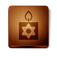 Poster - Brown Burning candle in candlestick with star of david icon isolated on white background. Cylindrical candle stick with burning flame. Wooden square button. Vector