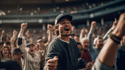 Baseball fans cheer and celebrate their team's victory in the stands - ai generative