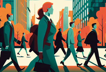 Sticker - Lots of business people in suits walking at work in city, vector flat design style illustration made with generative AI