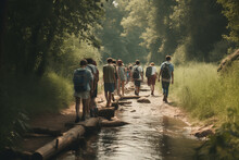 What Will Nature Teach Us Today. Photo Of A Group Of Unrecognizable Teenagers Walking Together Along The Bank Of A River At A Summer Camp. Made With Ai