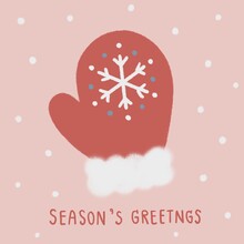 Hand Drawn Cute Red Winter Glove Isolated On Pastel Pink Background With Snow. Simple Minimal Christmas Elements. Hand Written Red Season’s Greetings Text.