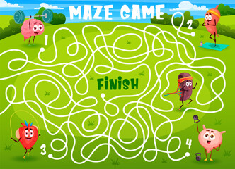 Wall Mural - Labyrinth maze, cartoon funny human organs sportsman characters on green meadow, vector quiz game. Kids labyrinth maze worksheet find way for heart, brain and kidney on fitness sport and yoga